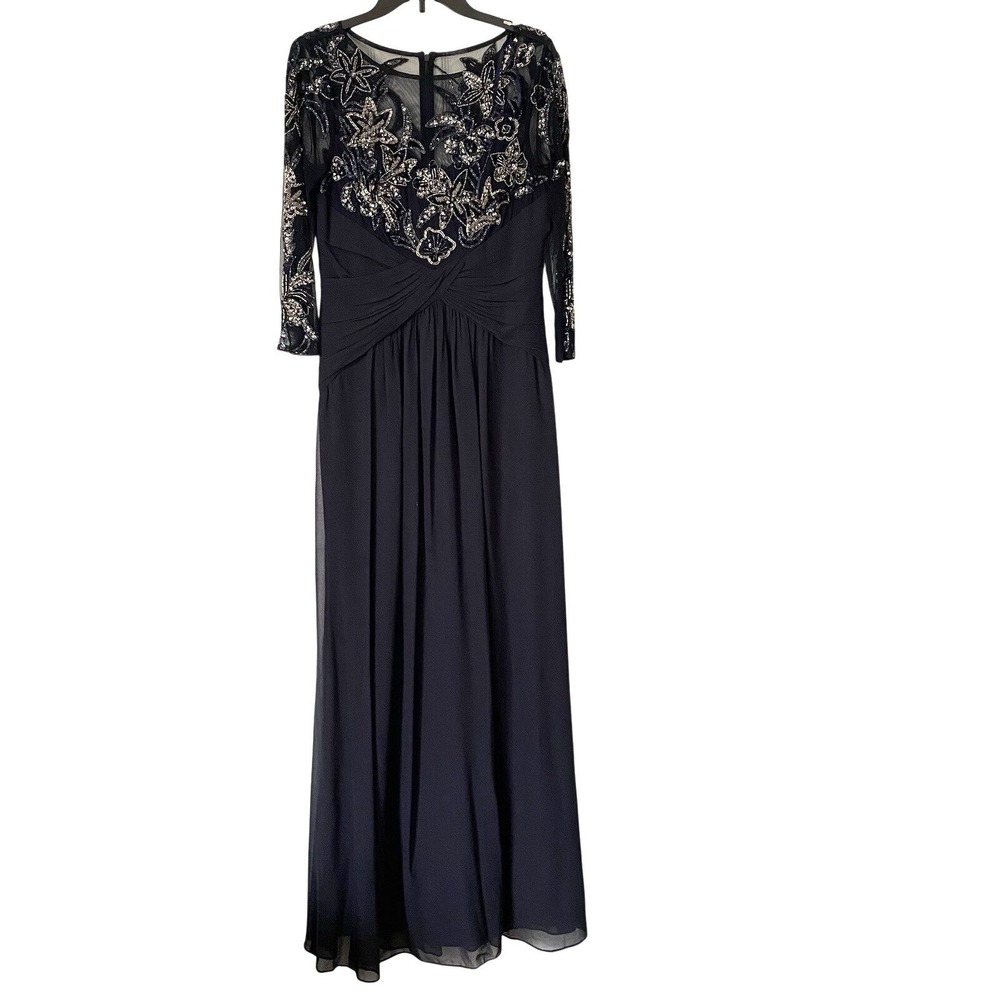 Adrianna Papell Maxi Dress Size 8 Navy Blue 3/4 Sleeve Chiffon‎ Beaded Gown